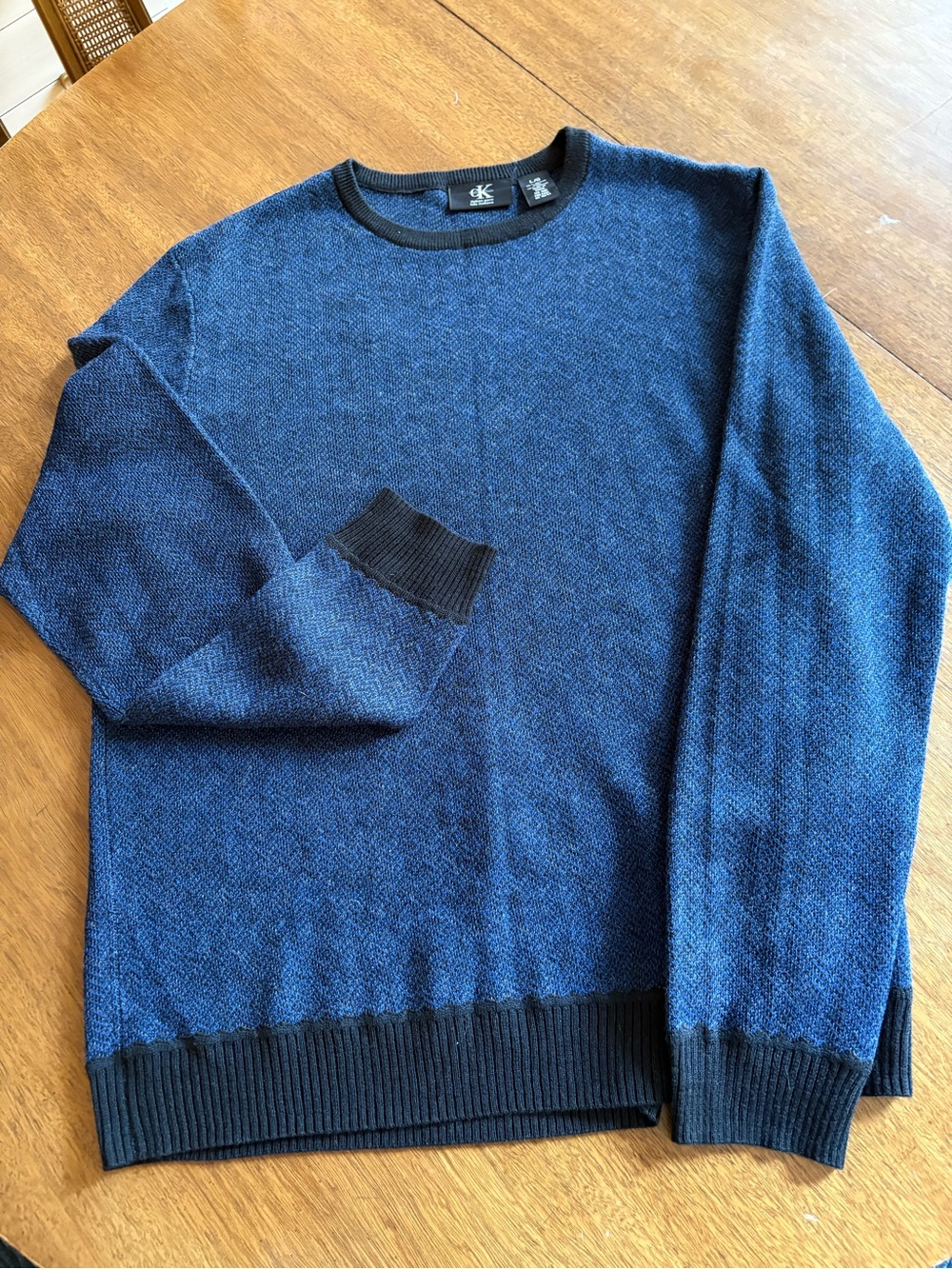 Calvin Klein Marino wool crew neck sweater blue and black herringbone